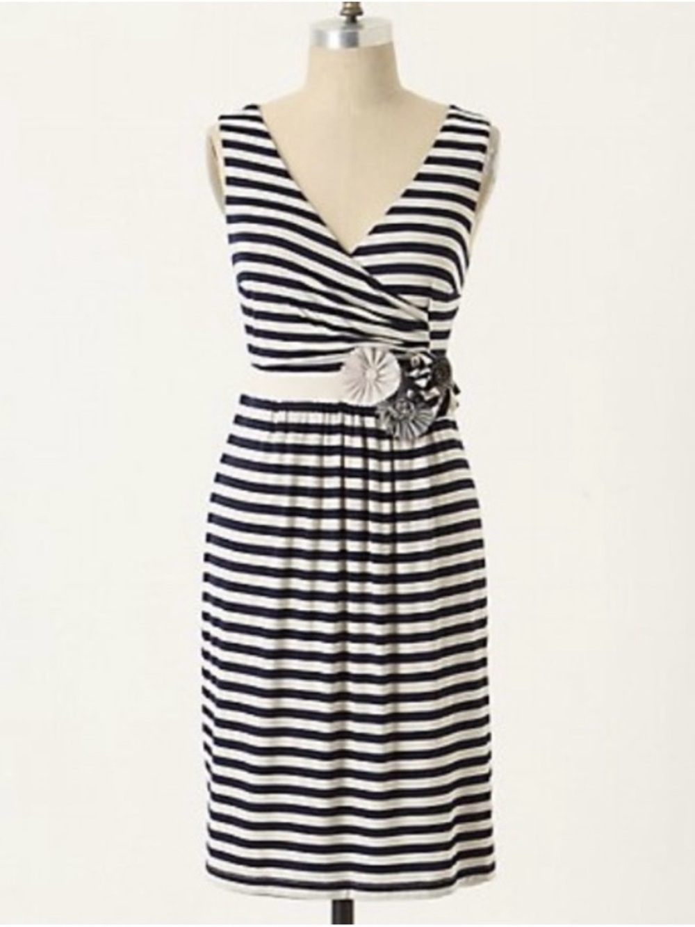 Anthropologie Little Yellow Button Perillo Flower Detail Striped Dress Sz Medium